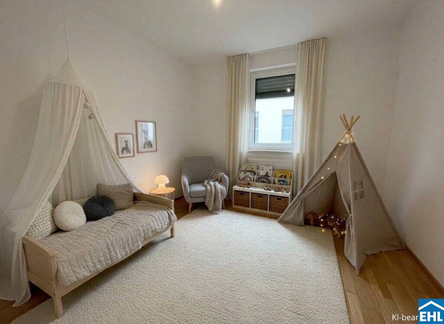 Freundliches Kinderzimmer mit Spielzelt, Tagesbett und Teppichboden, ideal für kleine Kinder.