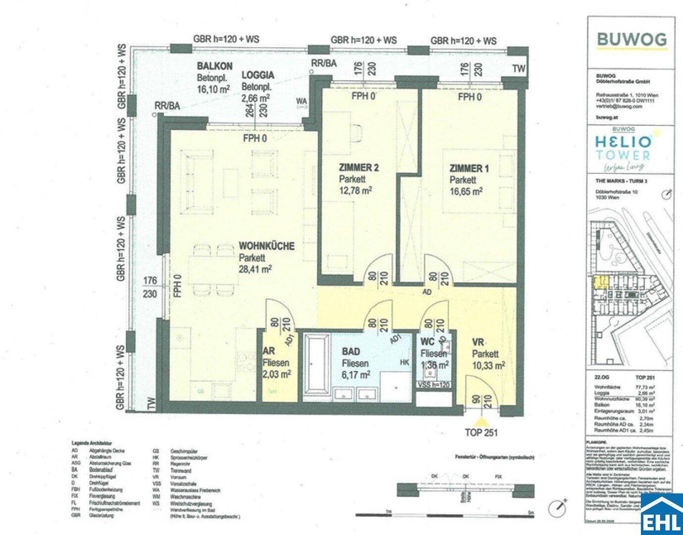 Detaillierter Grundriss einer Wohnung mit Wohnküche, zwei Zimmern, Bad und Loggia.