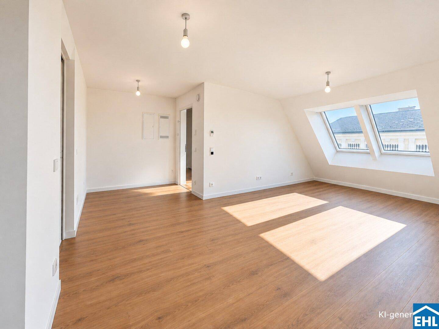 Geräumiges Zimmer mit Holzboden, weißen Wänden und Dachschrägenfenstern, bereit zur individuellen Gestaltung.