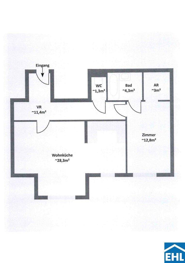 Grundriss der Wohnung mit Wohnküche, Bad, WC und separatem Zimmer.