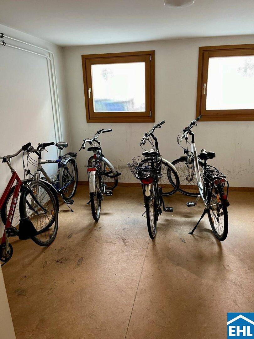 Fahrradraum mit mehreren Fahrrädern, Fenstern und einem robusten Bodenbelag.
