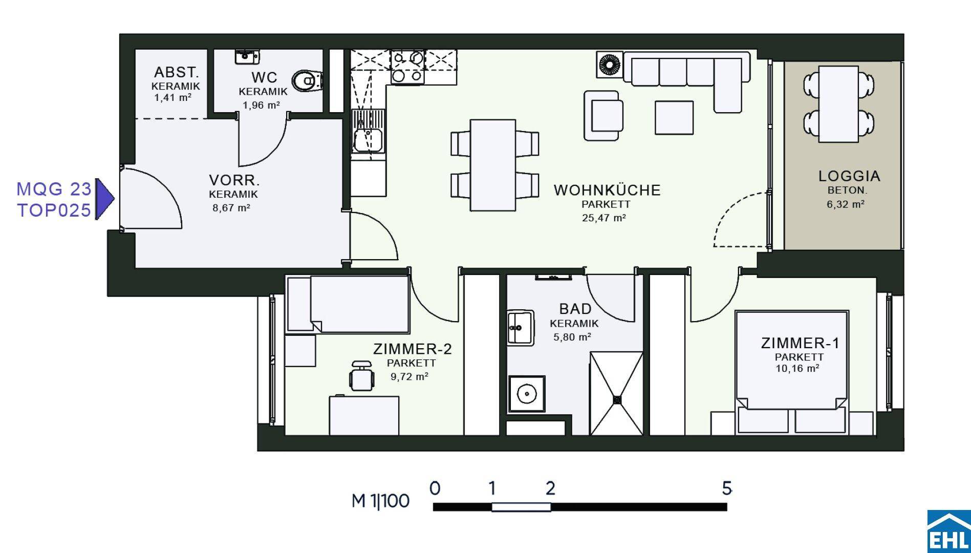 Grundriss einer Wohnung mit Wohnküche, zwei Zimmern, Bad, WC und Loggia.