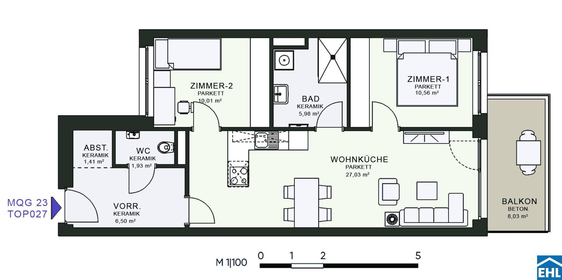 Grundriss einer Wohnung mit zwei Schlafzimmern, Wohnküche und Balkon.