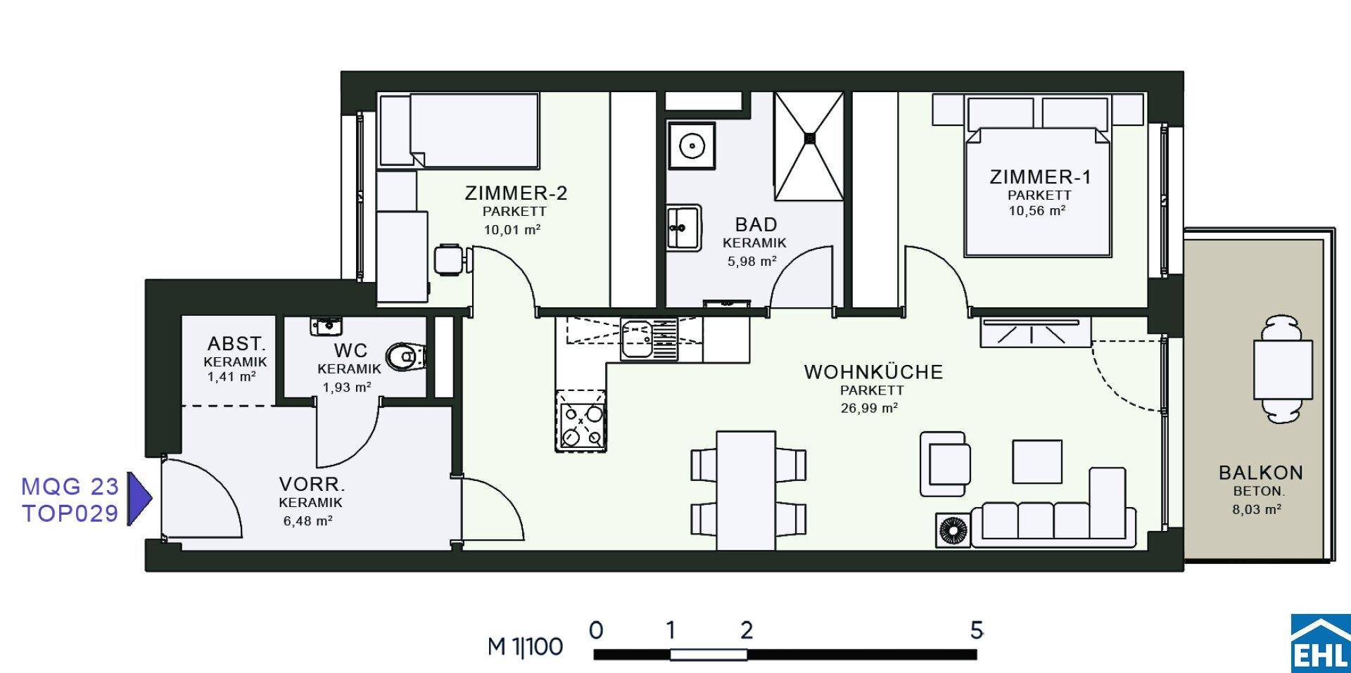 Grundriss einer Wohnung mit zwei Schlafzimmern, Wohnküche und Balkon.