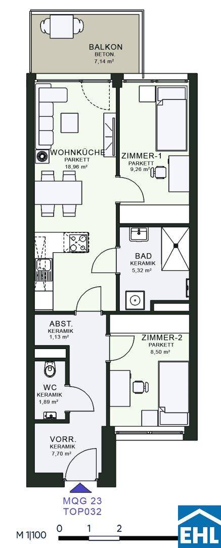 Grundriss einer Wohnung mit zwei Zimmern, Wohnküche, Bad und Balkon.