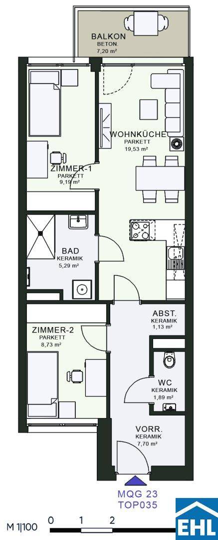 Grundriss einer Wohnung mit zwei Zimmern, Wohnküche, Bad und Balkon.