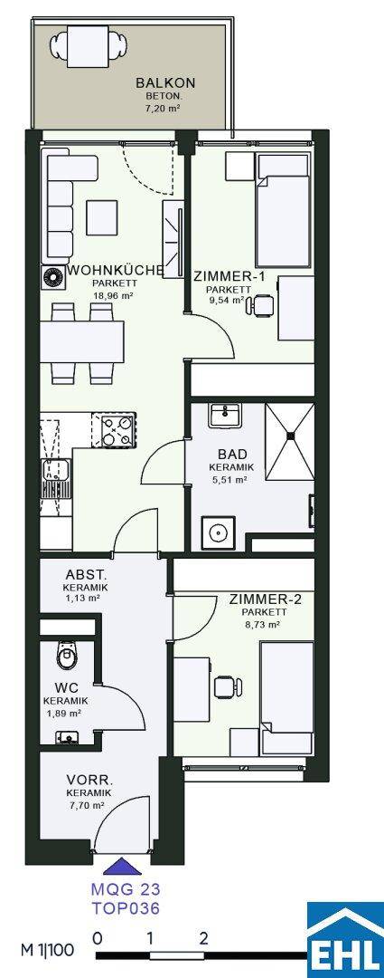 Grundriss einer Wohnung mit drei Zimmern, Balkon und separatem WC.