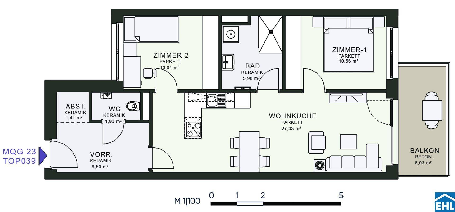 Grundriss einer Wohnung mit zwei Schlafzimmern, Wohnküche und Balkon.
