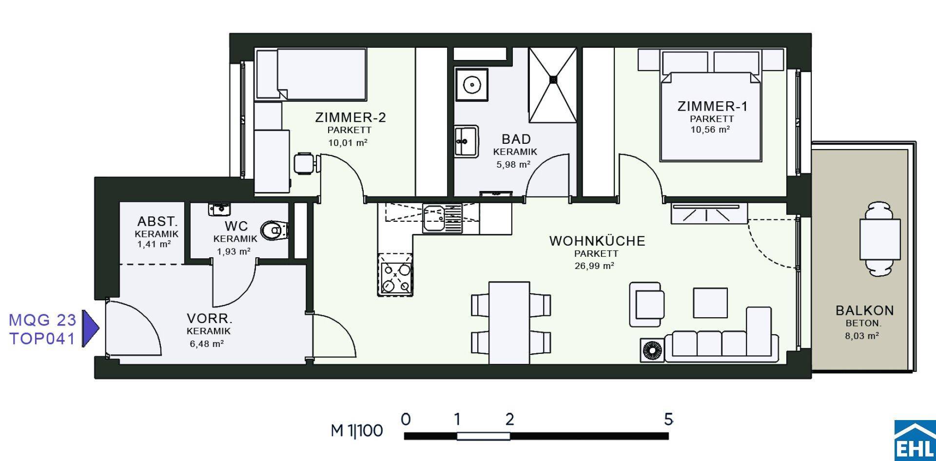 Grundriss einer Wohnung mit zwei Schlafzimmern, offener Wohnküche und Balkon.