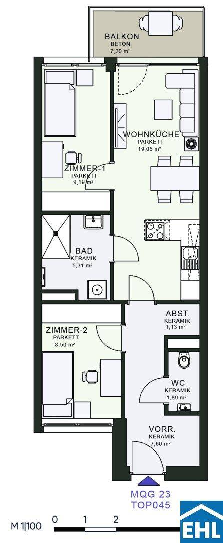 Grundriss einer Wohnung mit zwei Zimmern, offener Wohnküche, Bad, separatem WC und Balkon.