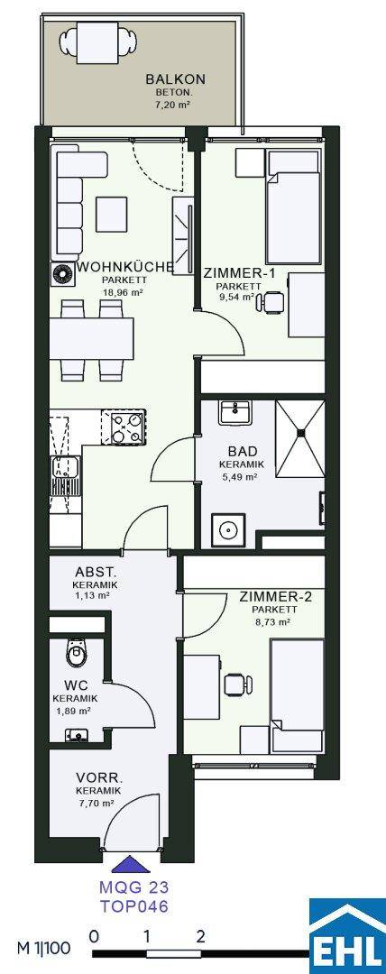 Grundriss einer Wohnung mit zwei Zimmern, Wohnküche, Bad, WC und Balkon.