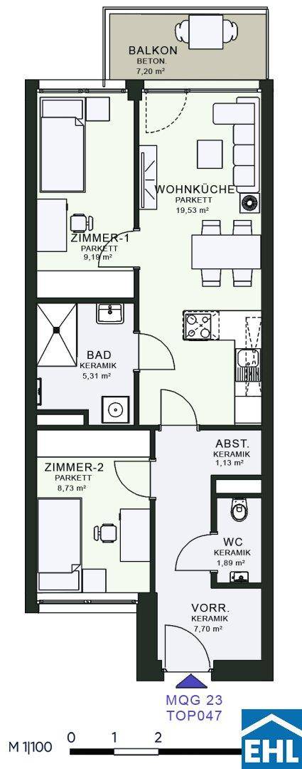 Grundriss einer Wohnung mit zwei Zimmern, Wohnküche, Bad und Balkon.