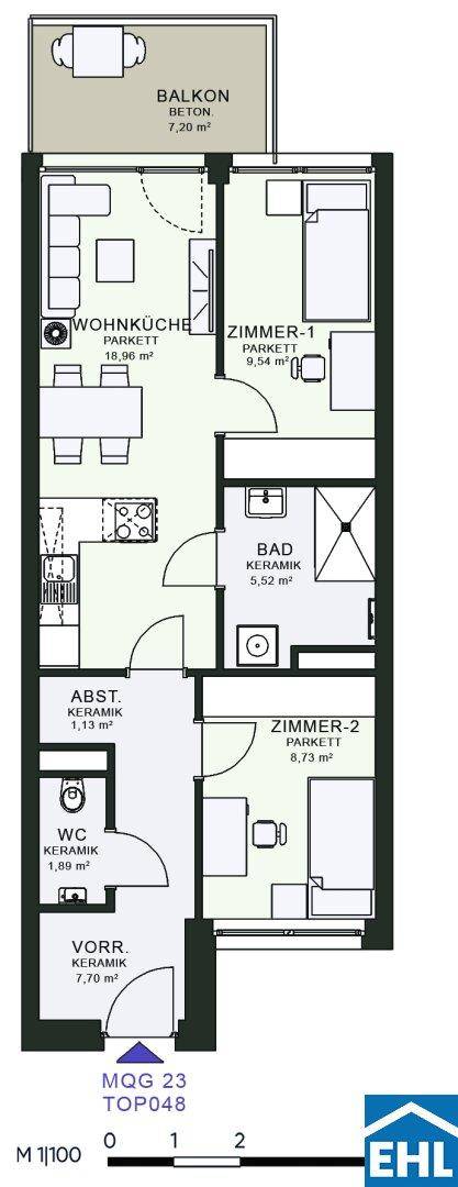 Grundriss einer Wohnung mit Wohnküche, zwei Zimmern, Bad, WC und Balkon.