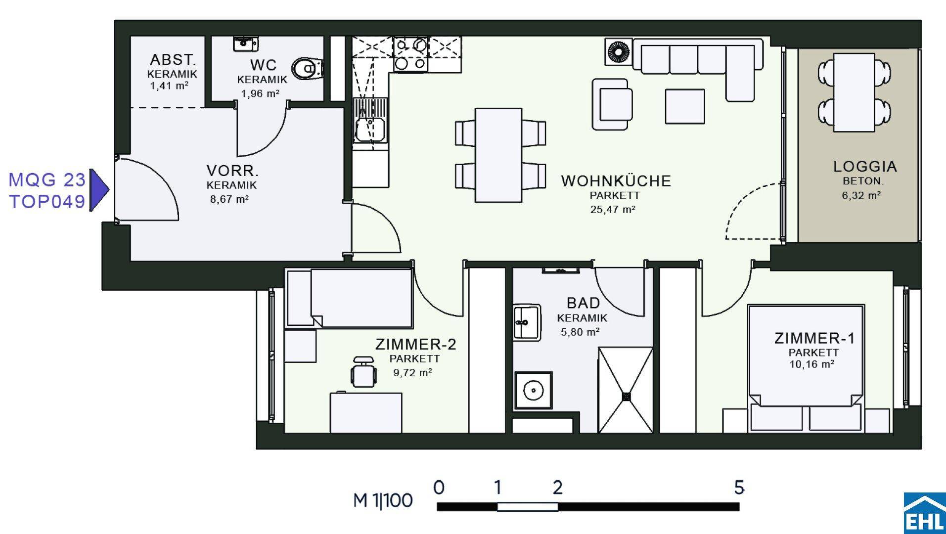 Grundriss einer Wohnung mit Wohnküche, zwei Zimmern, Bad, WC und Loggia.