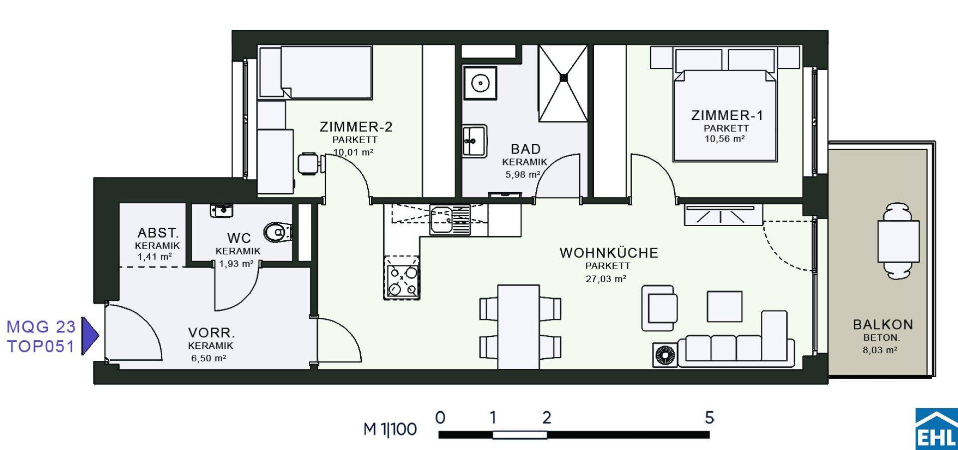 Grundriss einer Wohnung mit zwei Schlafzimmern, Wohnküche und Balkon.