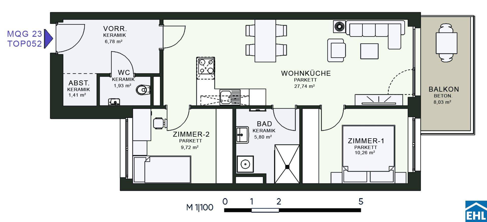 Grundriss einer Wohnung mit zwei Schlafzimmern, Wohnküche und Balkon.