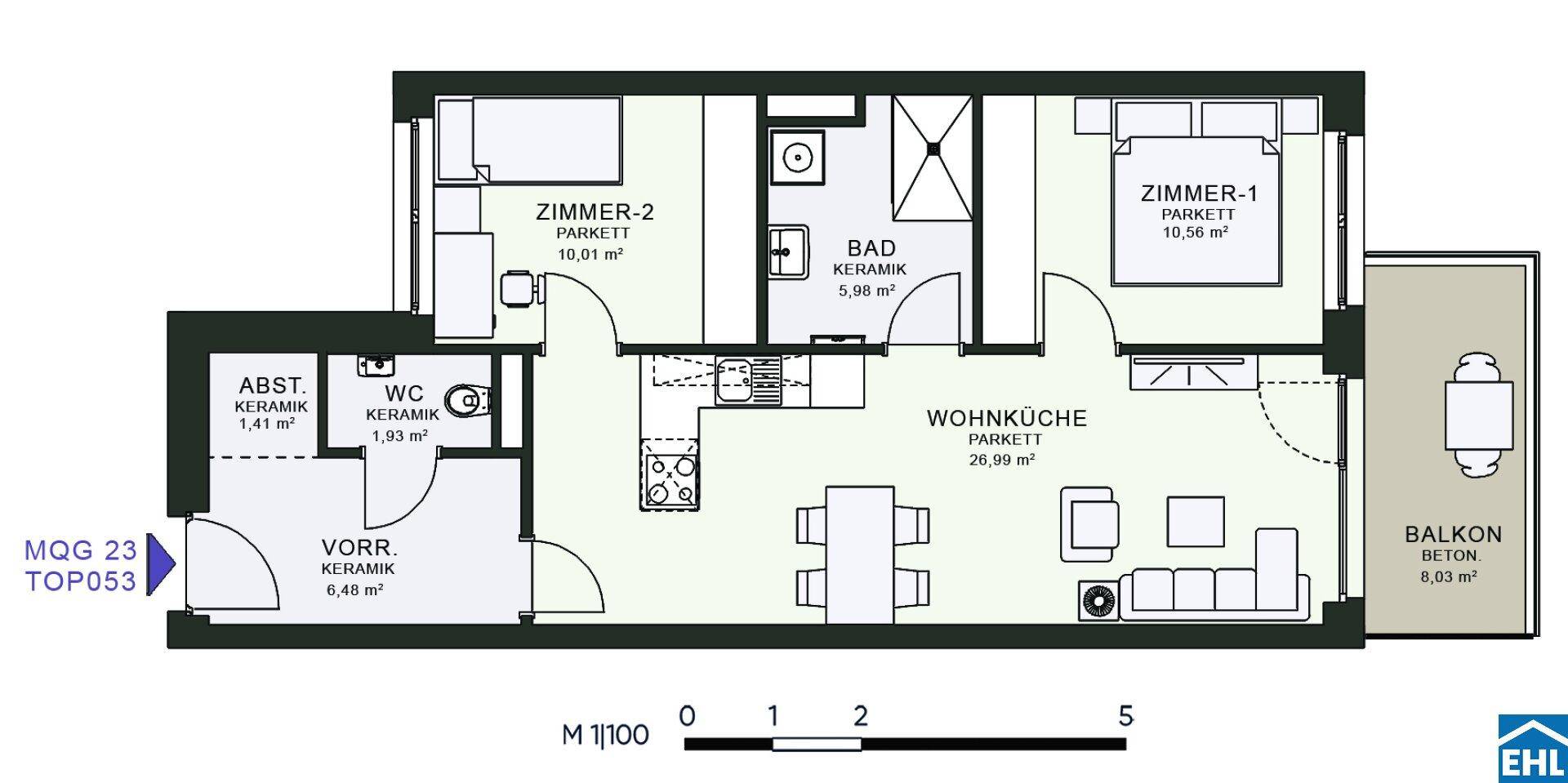 Grundriss einer Wohnung mit zwei Schlafzimmern, Wohnküche und Balkon.