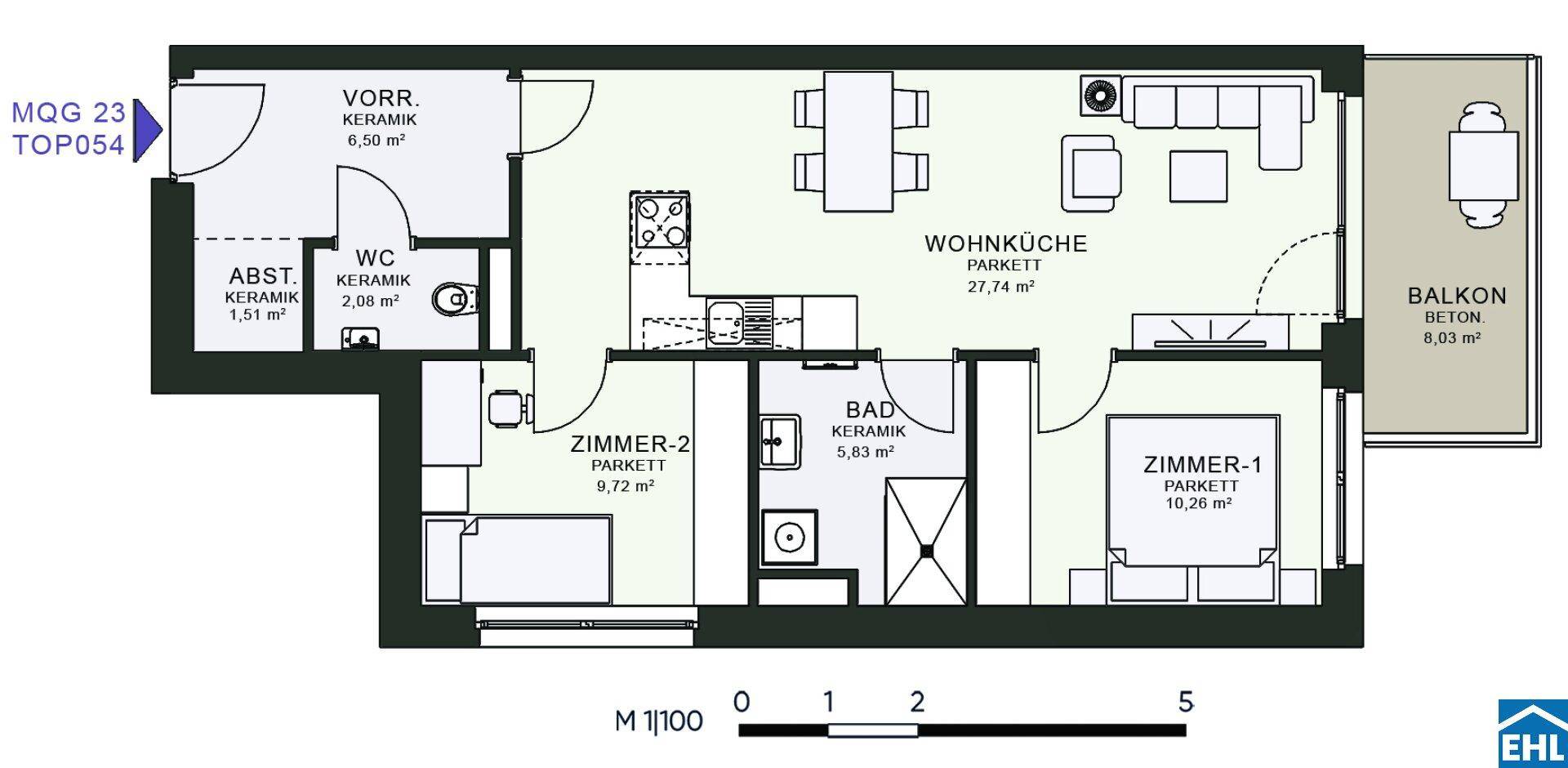 Grundriss einer Wohnung mit Wohnküche, zwei Zimmern, Bad, WC und Balkon.