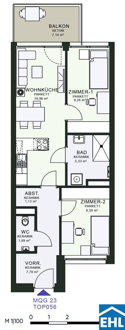 Grundriss einer Wohnung mit Balkon, offener Wohnküche und zwei Schlafzimmern.