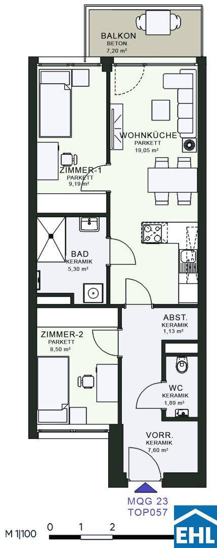 Grundriss einer Wohnung mit zwei Zimmern, offenem Wohnbereich, Bad und Balkon.