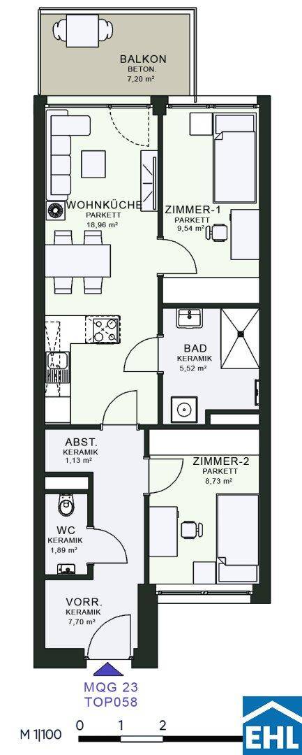 Grundriss einer Wohnung mit Wohnküche, zwei Zimmern, Bad, WC und Balkon.