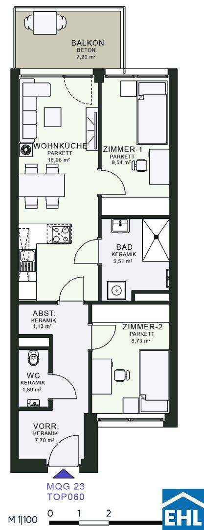 Grundriss einer Wohnung mit Wohnküche, zwei Zimmern, Bad und Balkon.