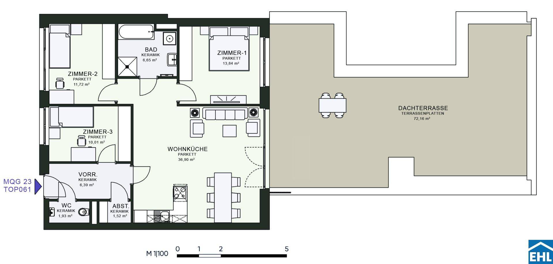 Grundriss einer Wohnung mit drei Zimmern, Bad, WC und großer Dachterrasse.
