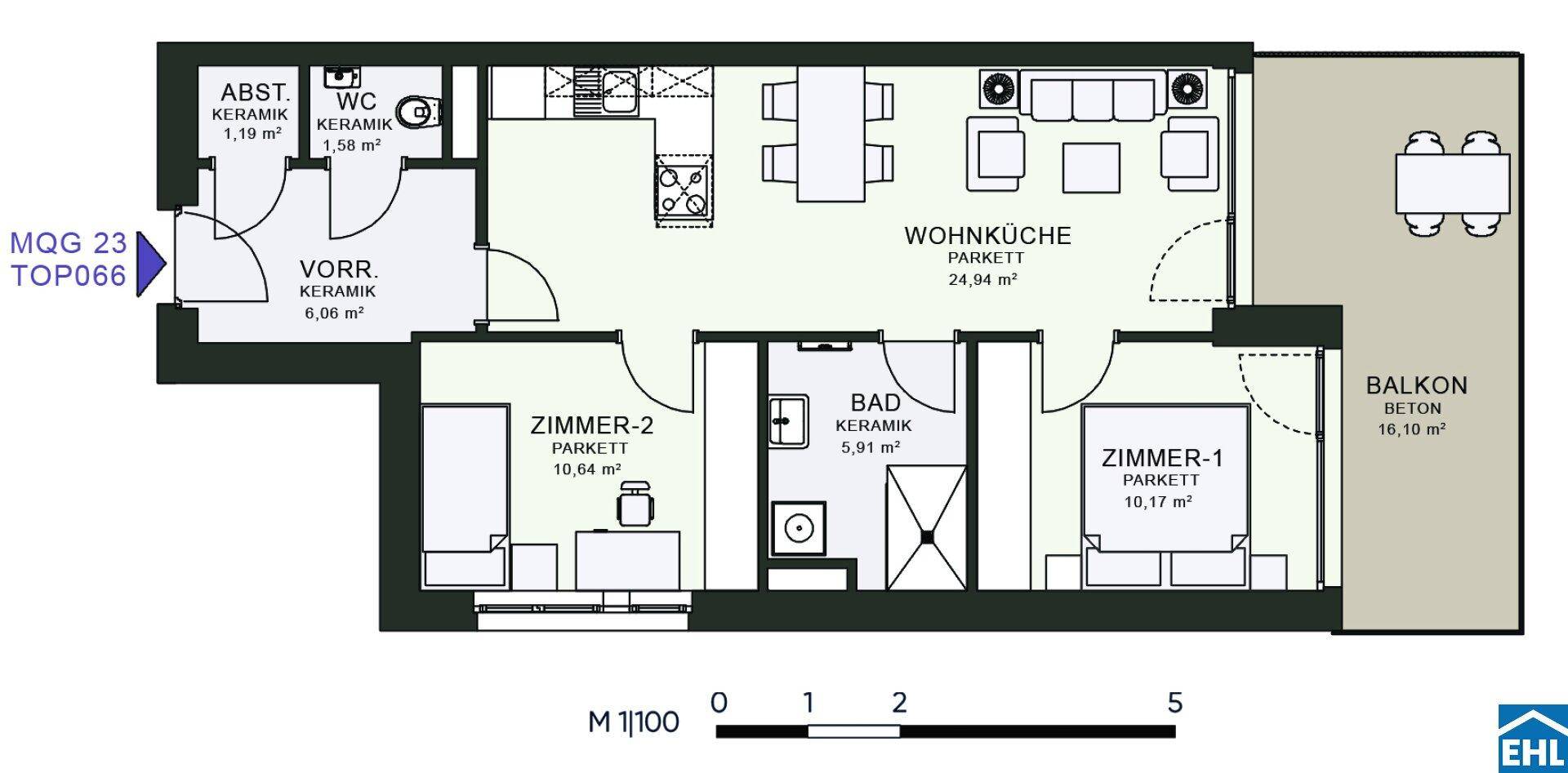 Grundriss einer Wohnung mit Wohnküche, zwei Zimmern, Bad, WC und Balkon.
