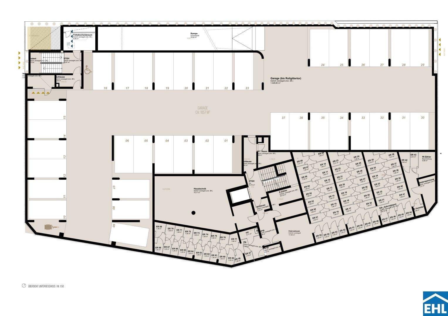 Grundriss des Untergeschosses mit zahlreichen Parkplätzen und Abstellräumen.