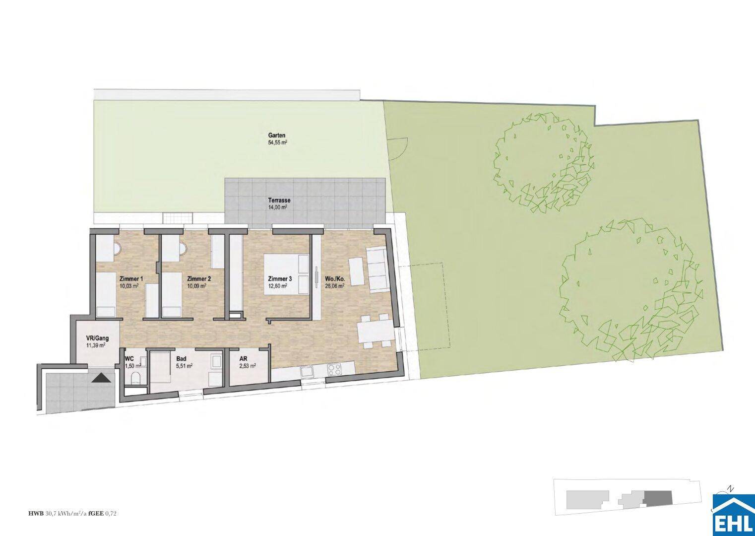 Grundrissplan einer Wohnung mit drei Zimmern, offenem Wohnbereich, Terrasse und Garten.