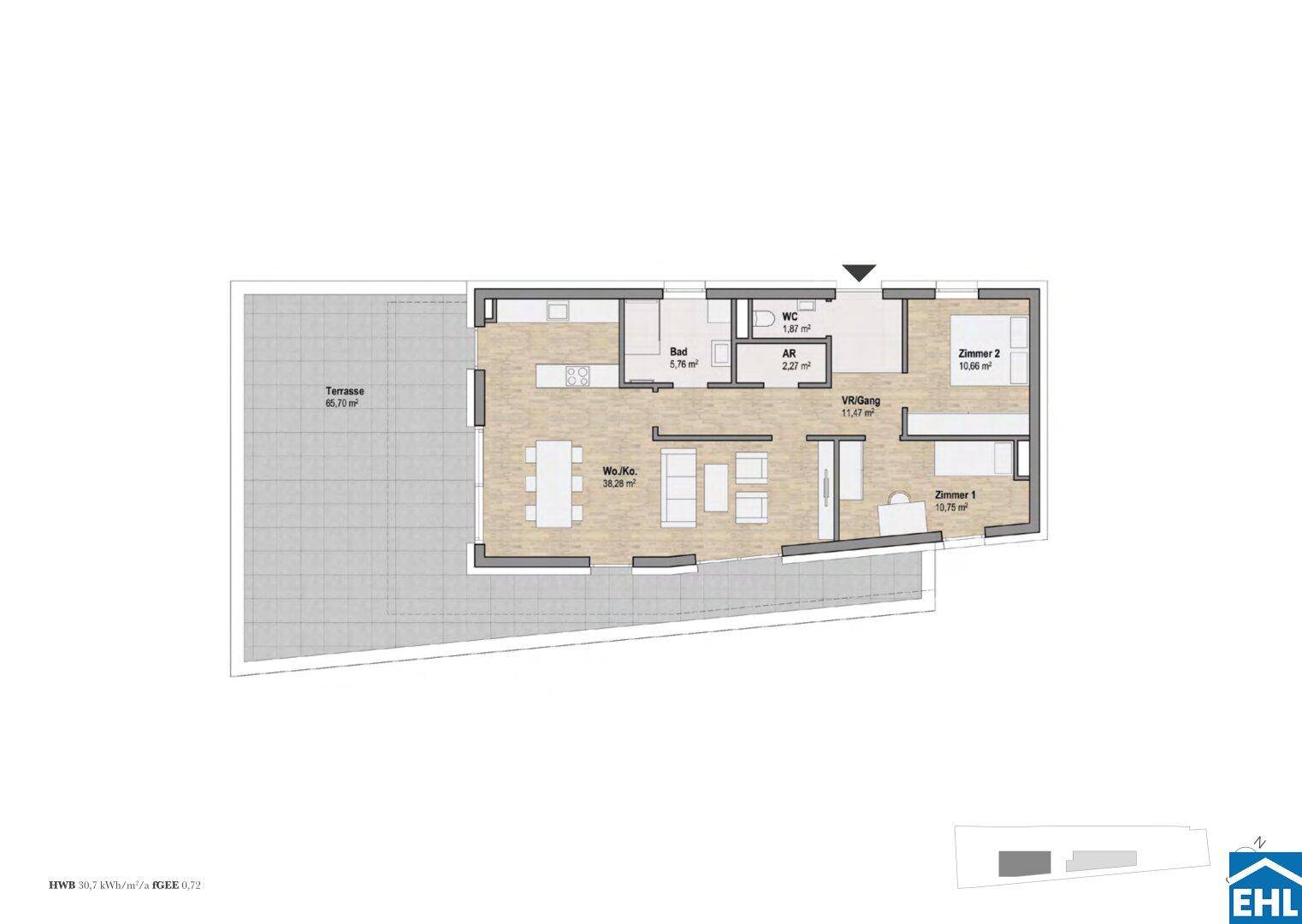 Grundriss einer Wohnung mit offener Wohnküche, zwei Zimmern, Bad, WC und großer Terrasse.