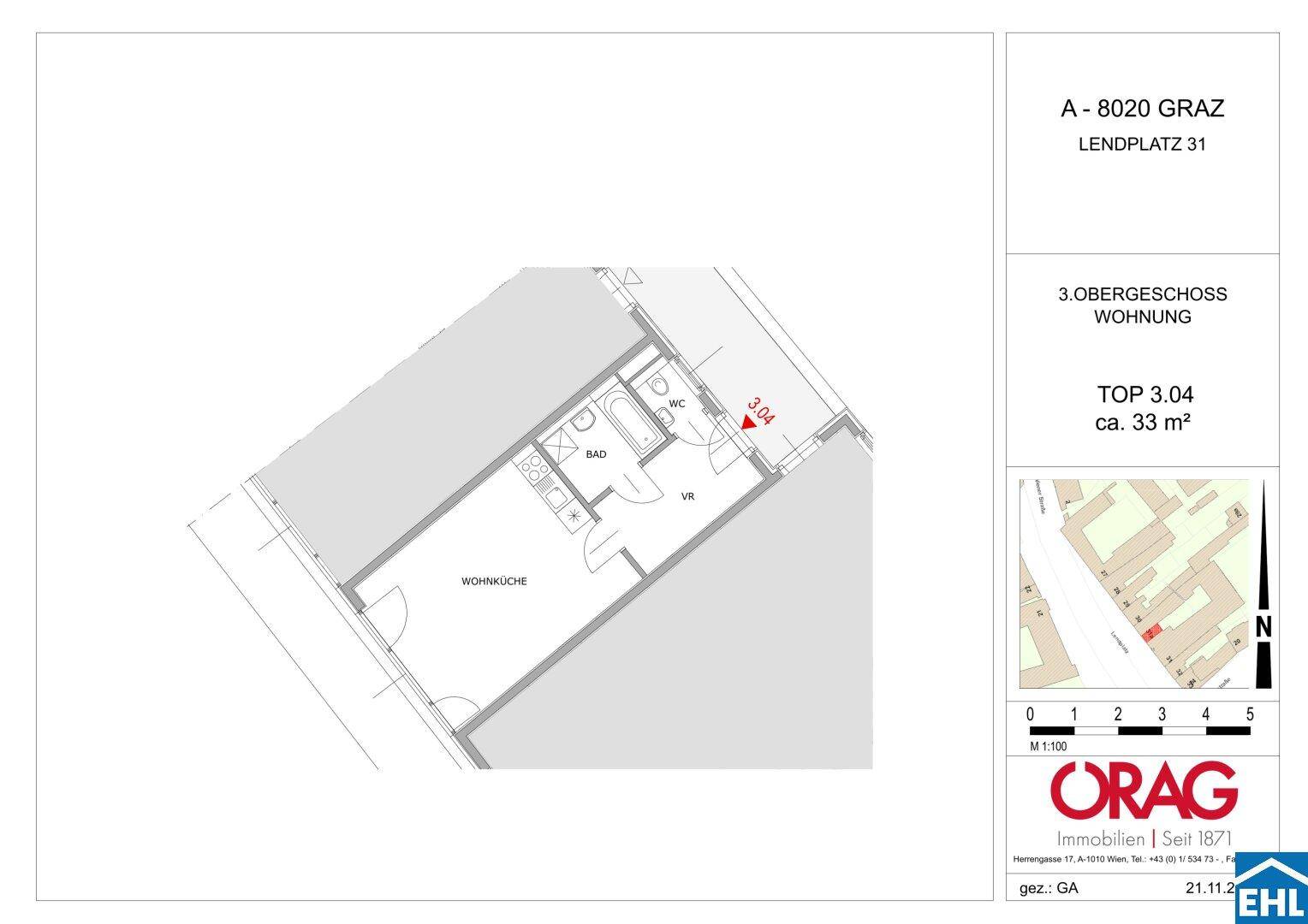 Grundriss der Wohnung im 3. Obergeschoss mit Wohnküche und Bad.