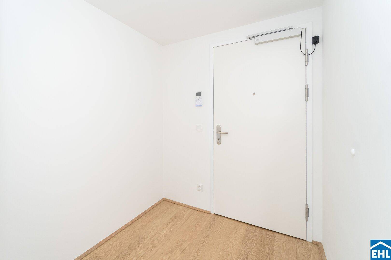 Heller Eingangsbereich mit weißer Tür und modernem Holzfußboden.