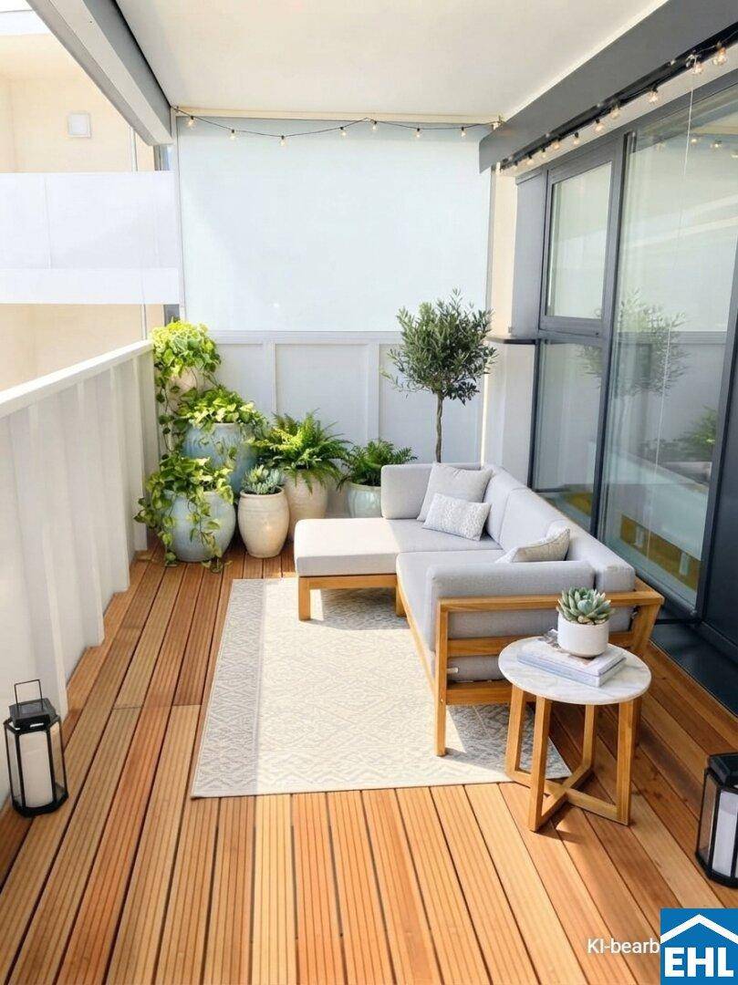 Gemütlicher Balkon mit Holzfußboden, bequemen Loungemöbeln und vielen Pflanzen.