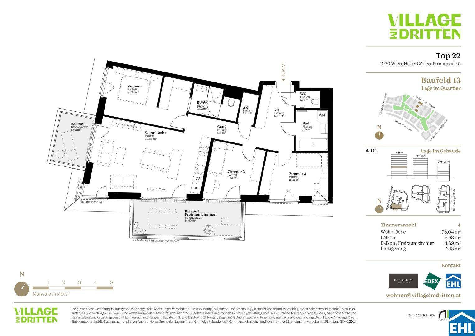 Detaillierter Grundriss einer Wohnung mit drei Zimmern, Balkon und Terrasse.