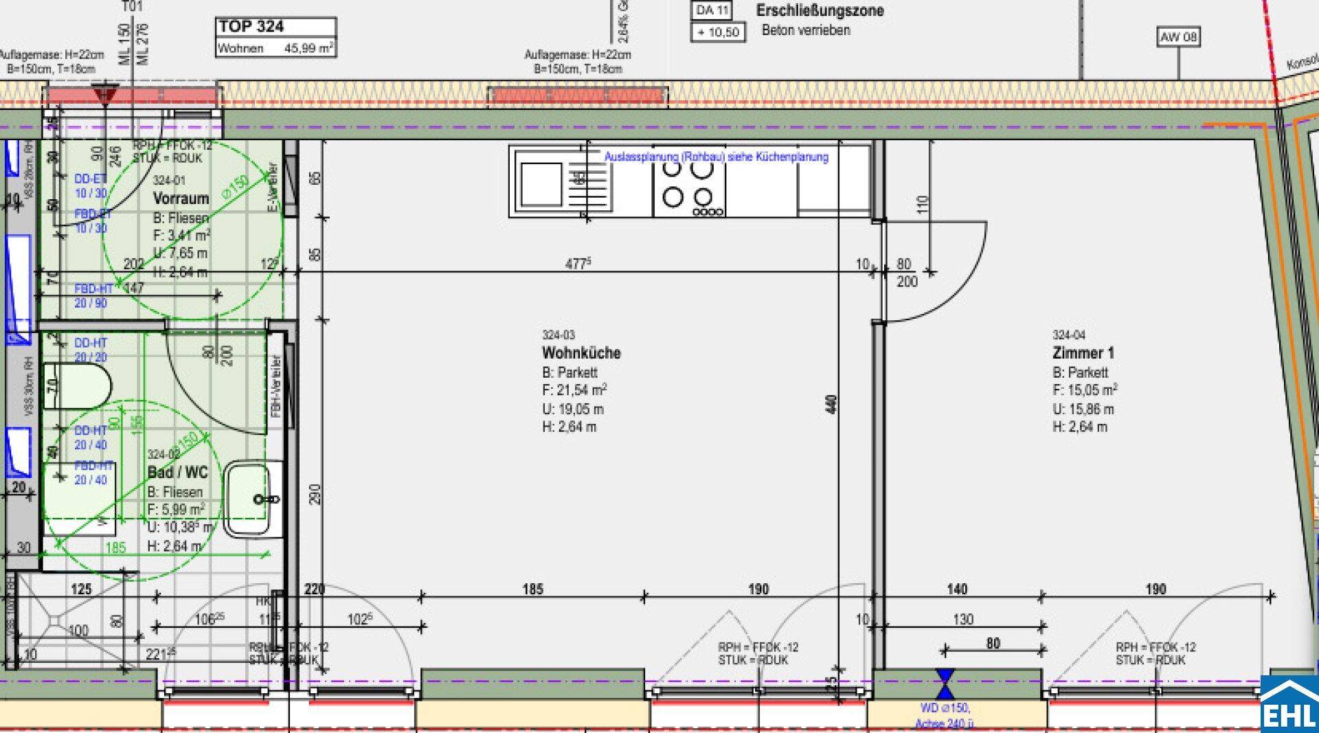 Grundriss einer Wohnung mit offener Wohnküche, Bad und einem weiteren Zimmer.