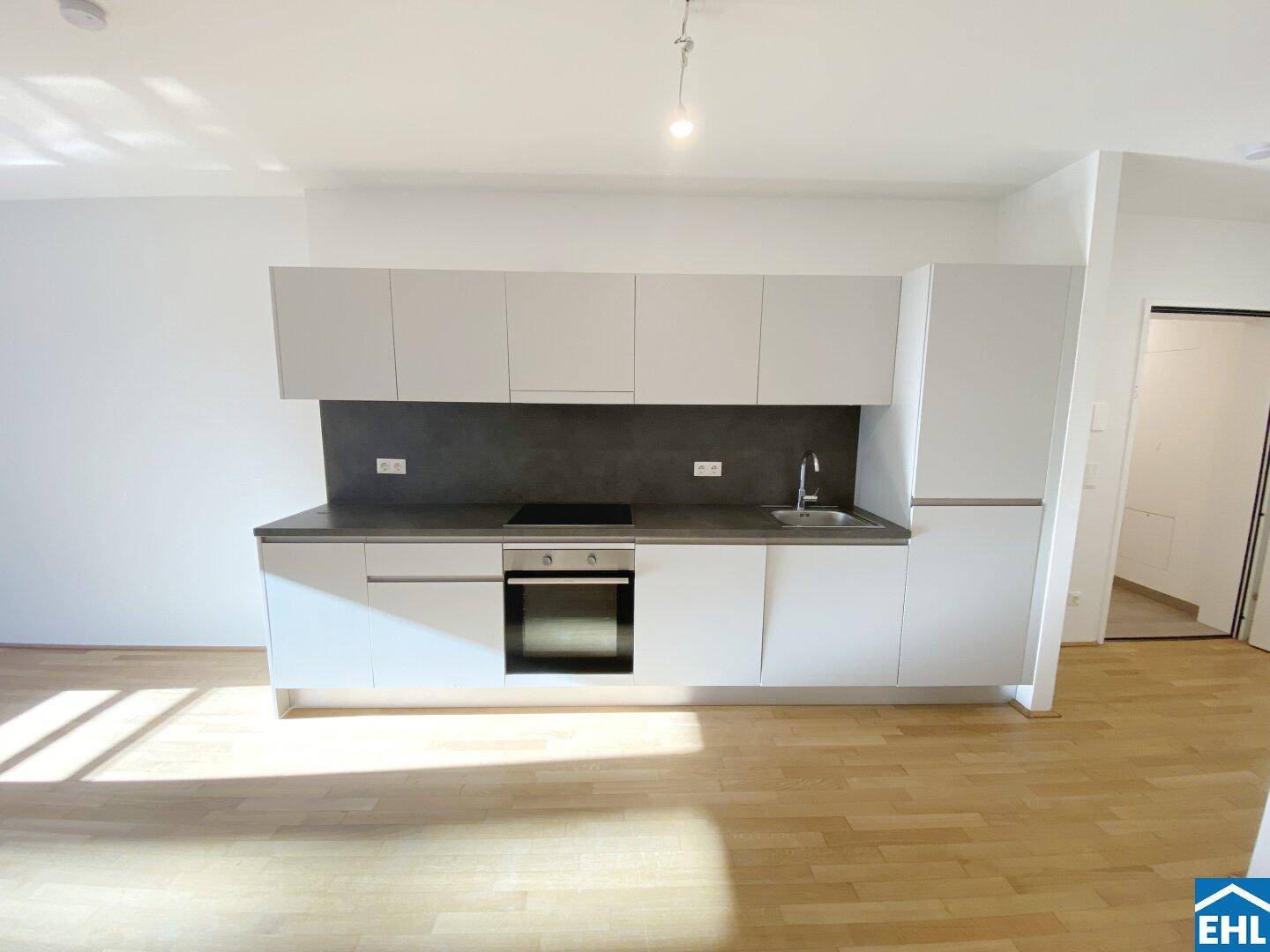 Moderne Einbauküche mit weißen Schränken, Induktionskochfeld und integriertem Backofen.