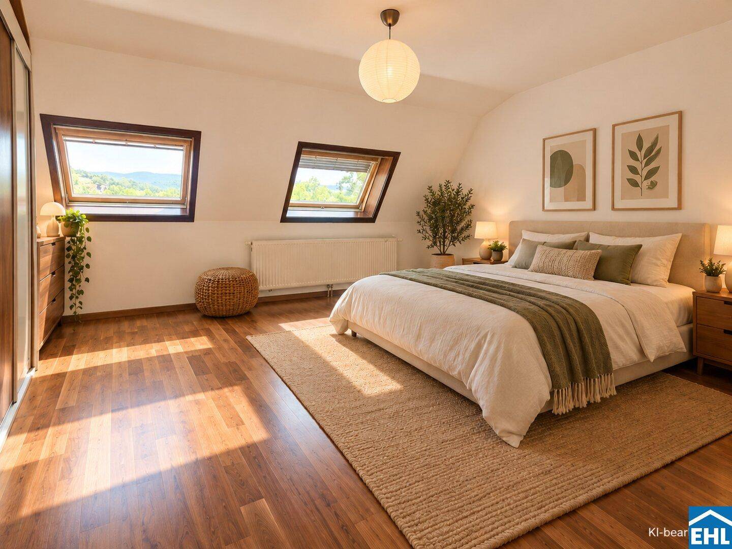 Gemütliches Schlafzimmer im Dachgeschoss mit Holzboden und Dachfenstern.