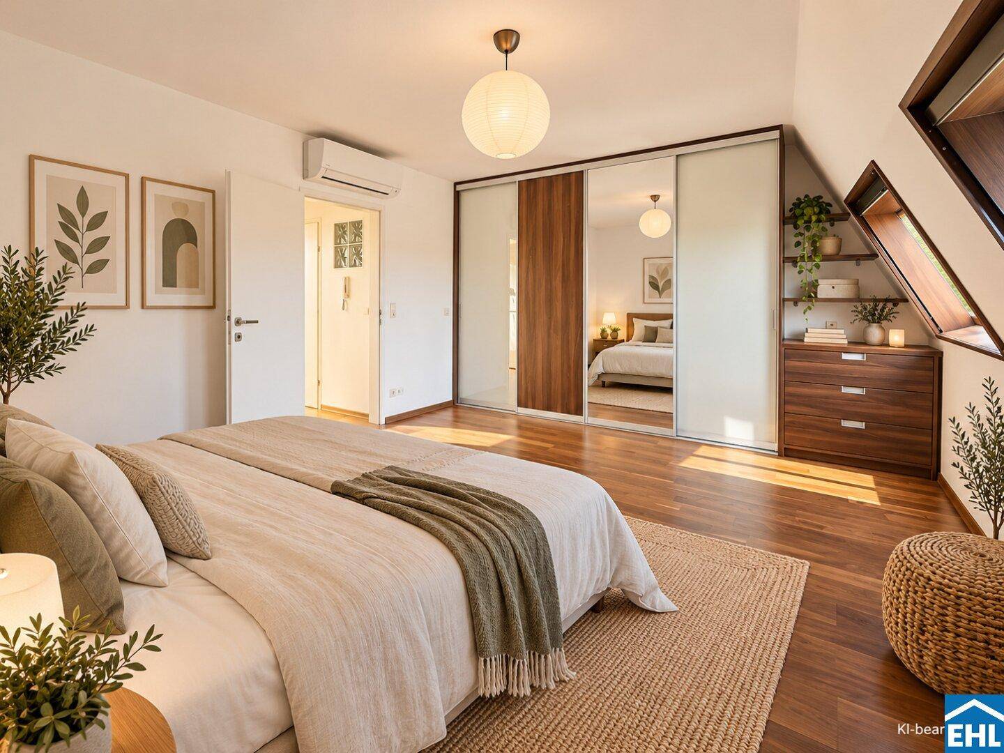 Helles Schlafzimmer mit großem Kleiderschrank, Holzboden und Klimaanlage.