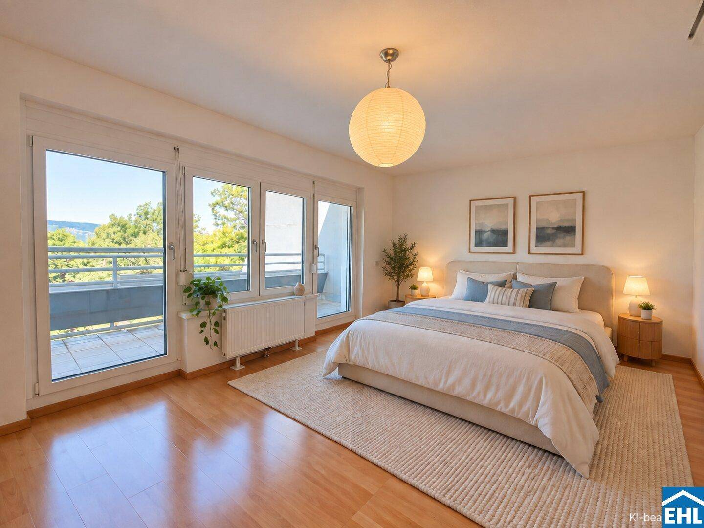 Schlafzimmer mit Balkonzugang, Holzboden und weitem Blick ins Grüne.