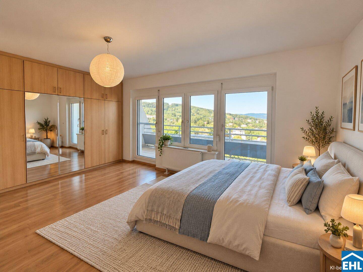 Geräumiges Schlafzimmer mit Einbauschränken, Holzboden und Balkonzugang.