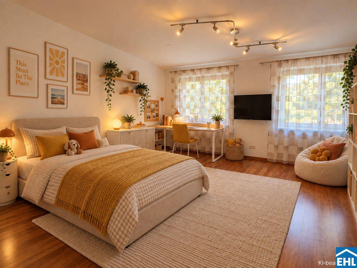 Helles Schlafzimmer mit Schreibtisch, Holzboden und großen Fenstern.
