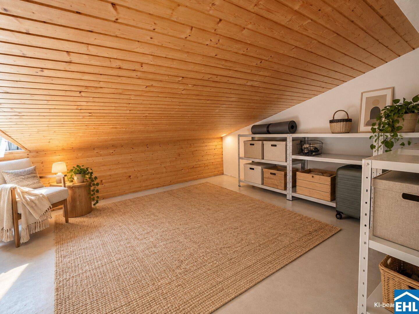 Ausgebauter Dachboden mit Holzverkleidung, Stauraum und Teppichboden.