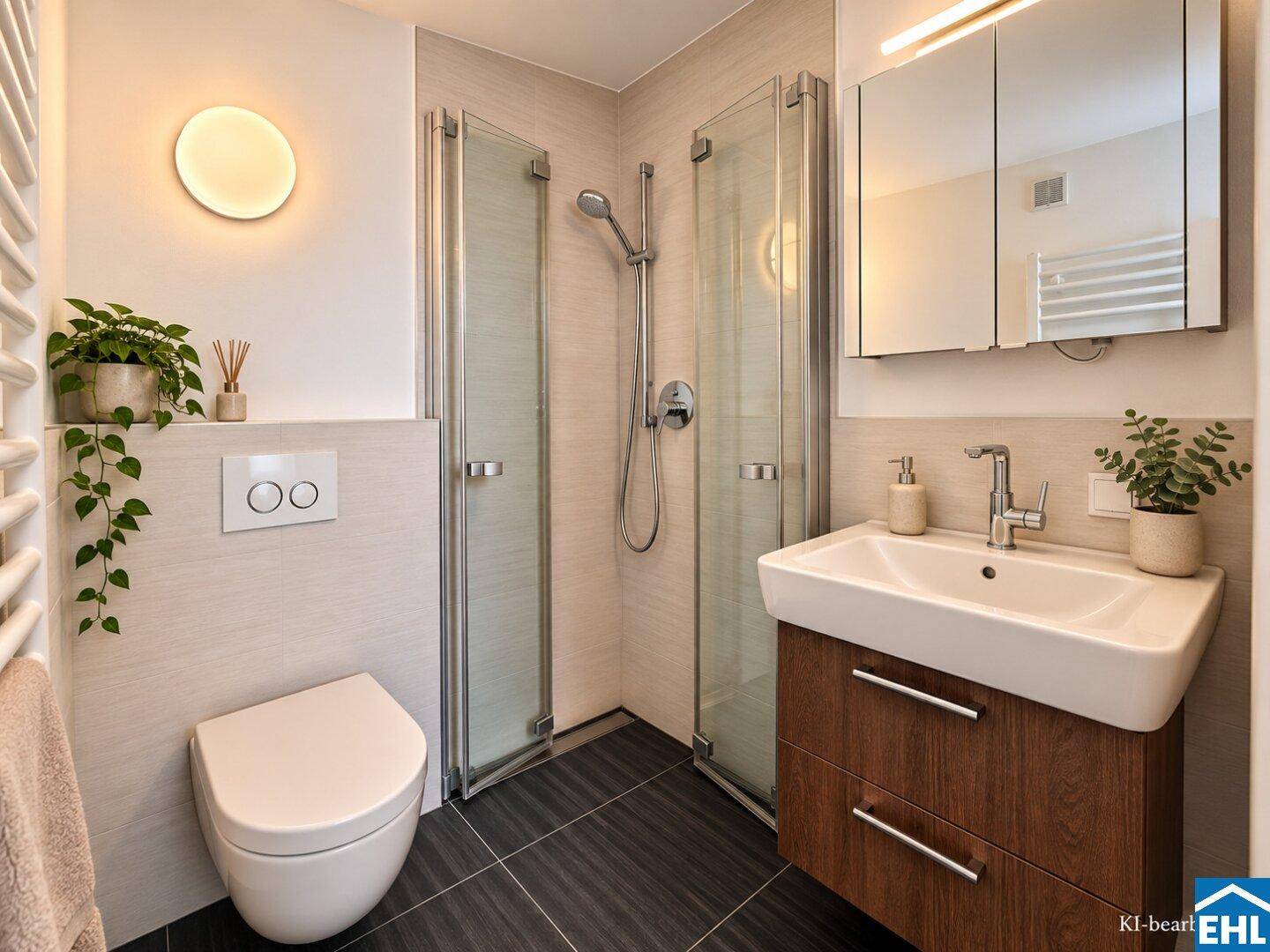 Modernes Badezimmer mit Dusche, Wand-WC und Einzelwaschbecken.