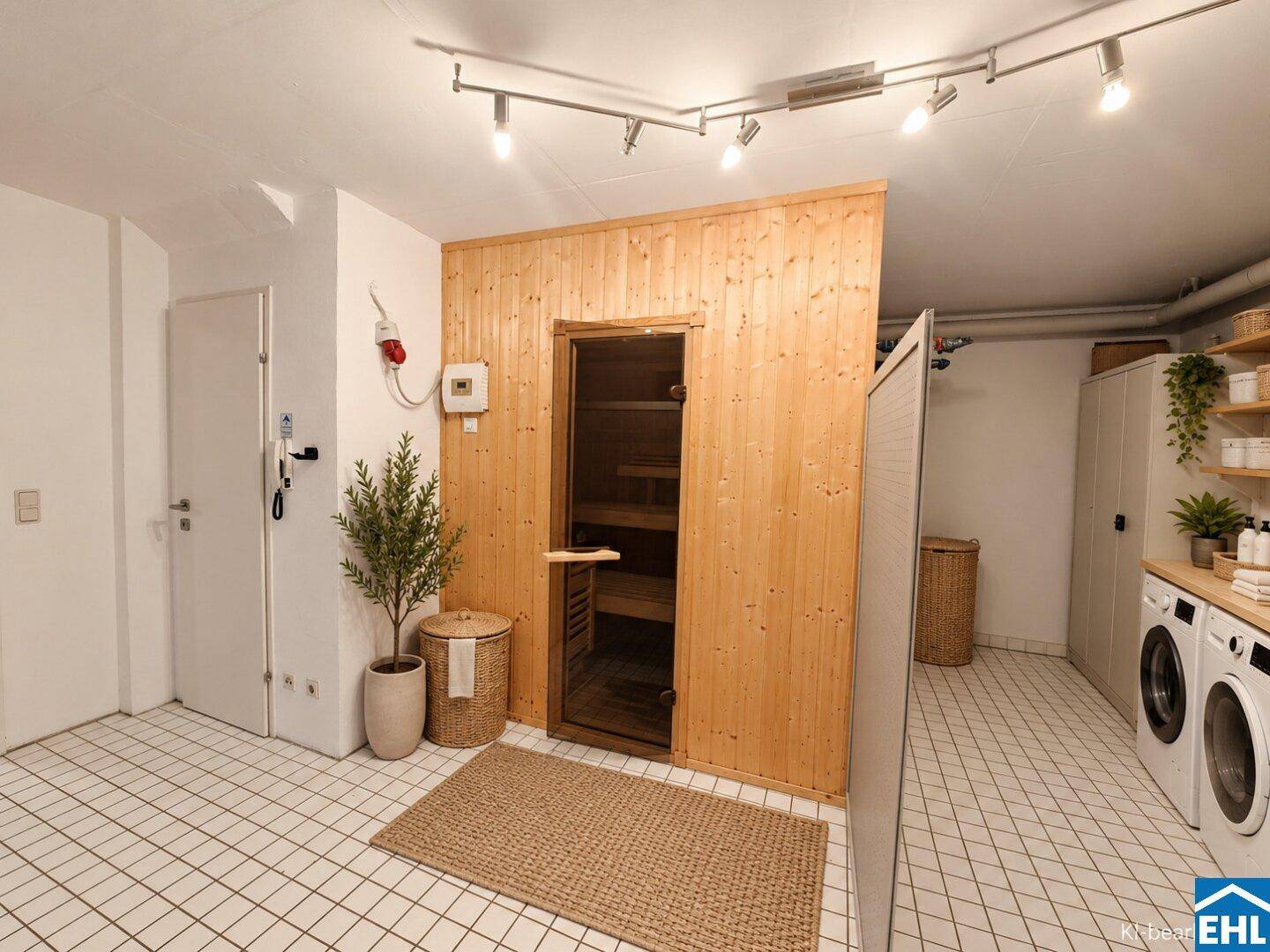 Waschküche mit Sauna, Fliesenboden und Stauraum im Kellerbereich.