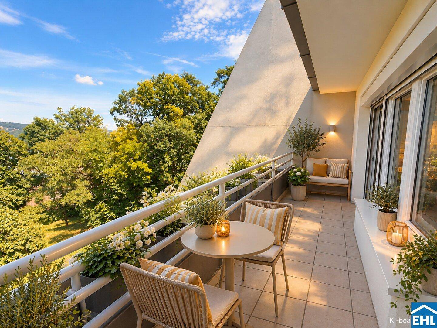 Geräumiger Balkon mit Gartenmöbeln und sonnigem Ausblick.