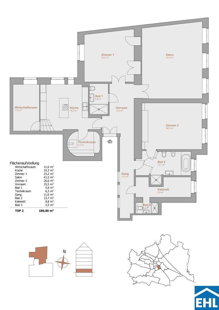 Grundriss einer Wohnung mit mehreren Zimmern, Bädern und einem Balkon.