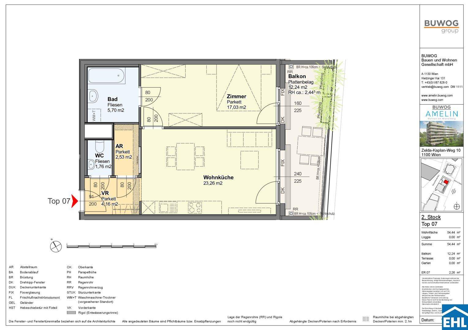 Detaillierter Grundriss einer Wohnung mit Balkon, Wohnküche und separatem Schlafzimmer.
