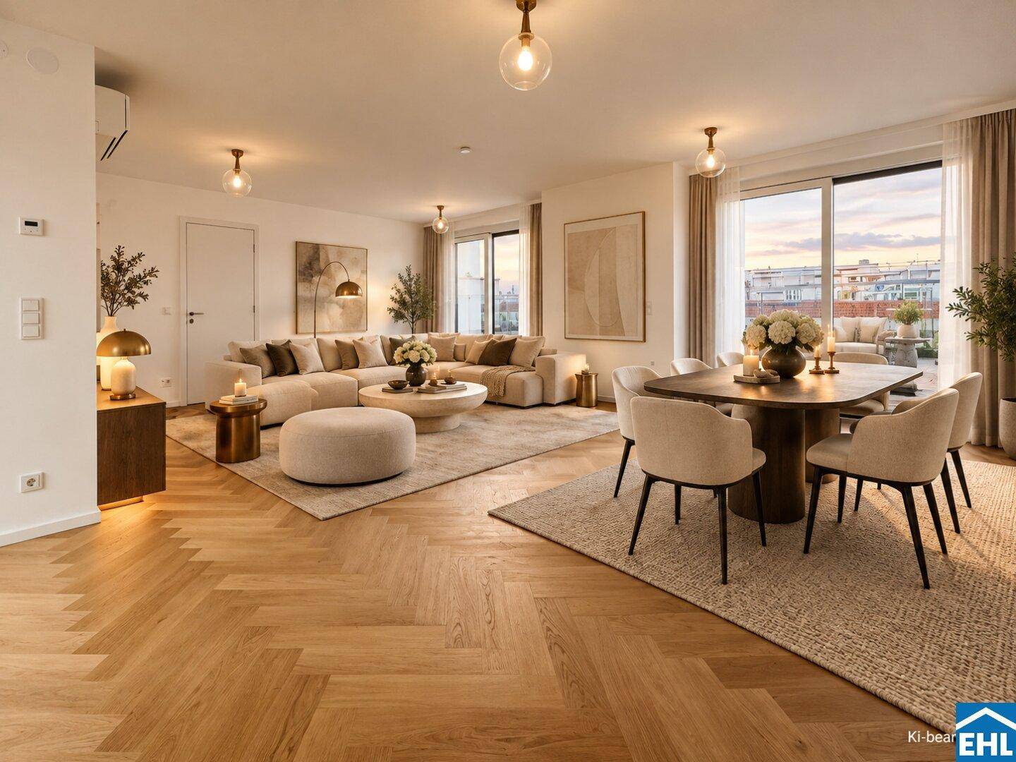 Heller, offener Wohn- und Essbereich mit elegantem Fischgrätparkett und großen Fenstern mit Stadtblick.