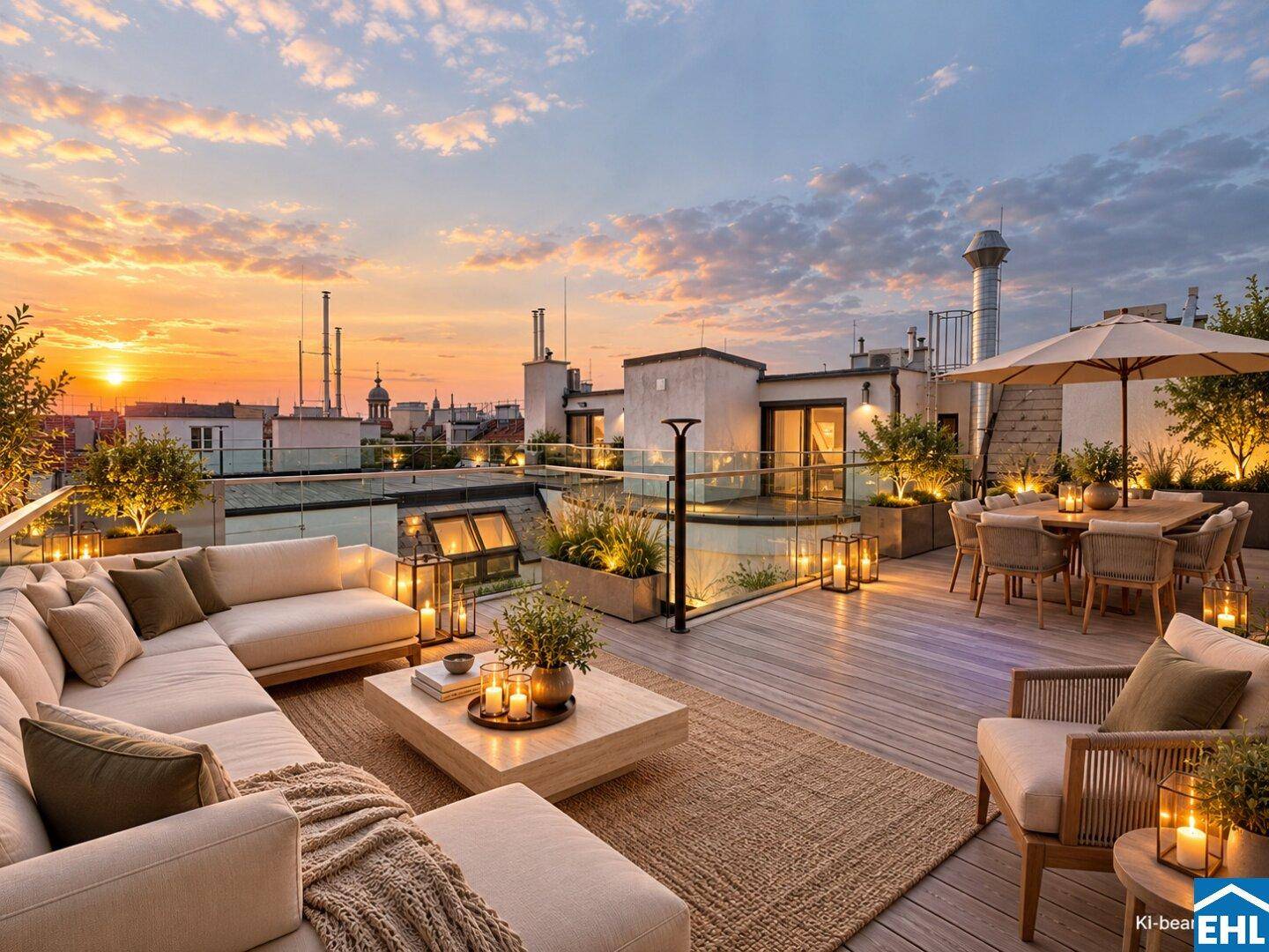 Exklusive Dachterrasse mit hochwertigen Outdoor-Möbeln, Pflanzen und weitem Blick über die Stadt bei Abenddämmerung.
